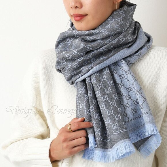 NEW GUCCI Grey Blue Wool GG Monogram Reversible Stencil Scarf $520 Authentic - Picture 12 of 12